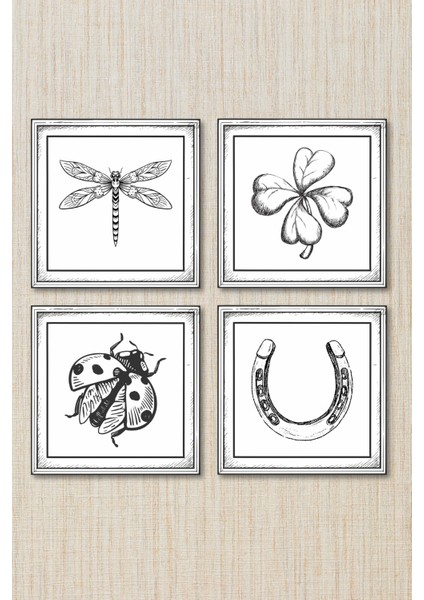 El Yapımı Ahşap Duvar Seti – Şans Sembolleri Serisi (Yusufçuk, Yonca, Uğur Böceği, Nal)