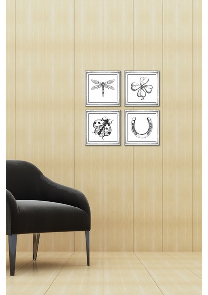 El Yapımı Ahşap Duvar Seti – Şans Sembolleri Serisi (Yusufçuk, Yonca, Uğur Böceği, Nal)