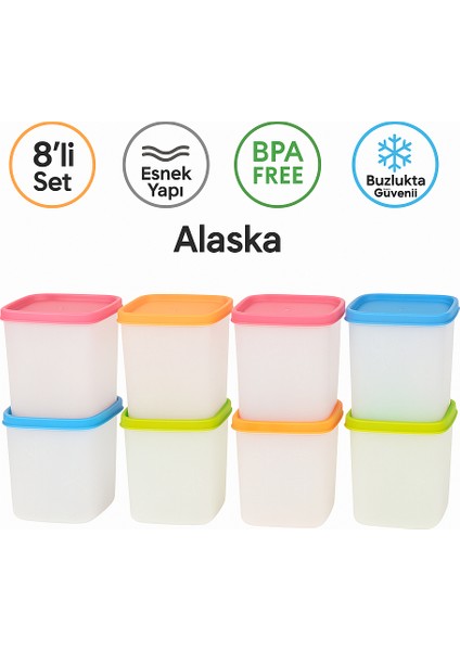 Alaska 8’li 0,38 L Renkli Kapaklı Buzluk Saklama Kabı – Bpa Free, Esnek ve Kırılmaz