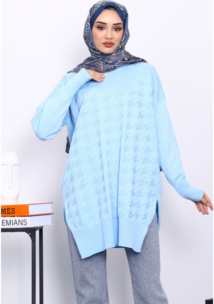 Bebe Mavi Kazayağı Desenli Soğuk İplik Triko Tunik
