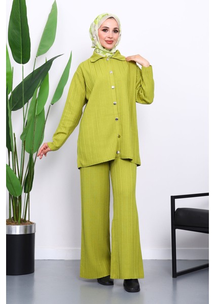 Yağ Yeşili Gömlek Yaka Düğmeli Pantolonlu Triko Takım
