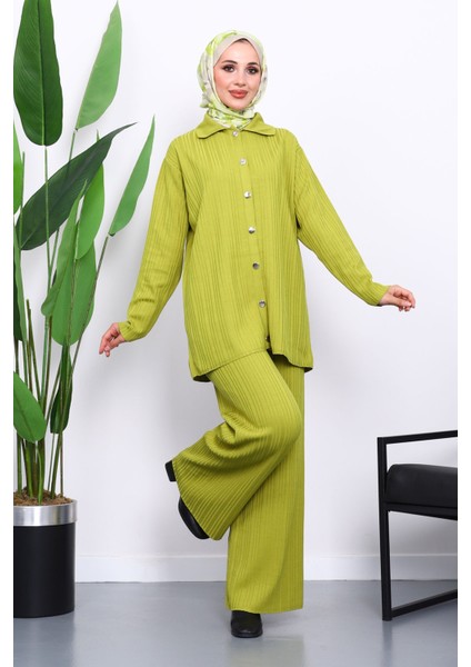 Yağ Yeşili Gömlek Yaka Düğmeli Pantolonlu Triko Takım fiyatları
