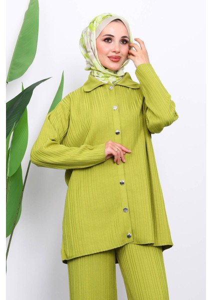 Yağ Yeşili Gömlek Yaka Düğmeli Pantolonlu Triko Takım modelleri