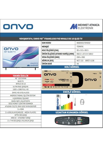 40VQ80F2FA 40'' 102 Ekran Uydu Alıcılı Full HD WhaleOS QLED TV fiyatları