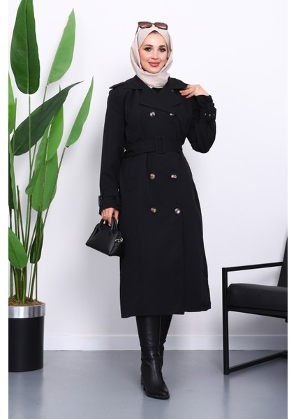 Siyah Kruvaze Yaka Astarlı Trençkot