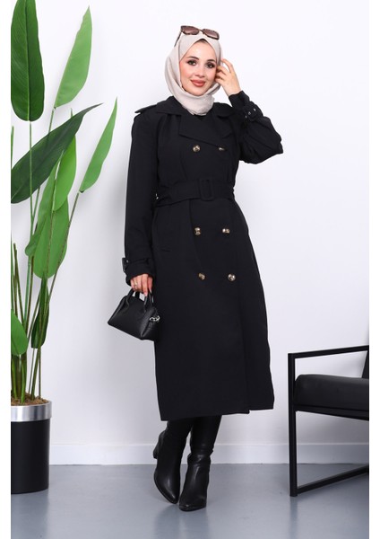 Siyah Kruvaze Yaka Astarlı Trençkot fiyatları