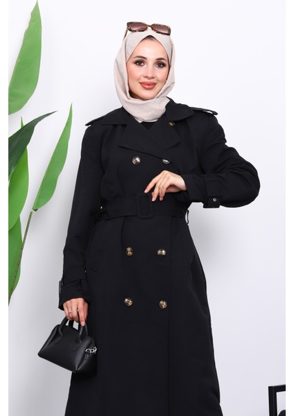 Siyah Kruvaze Yaka Astarlı Trençkot modelleri