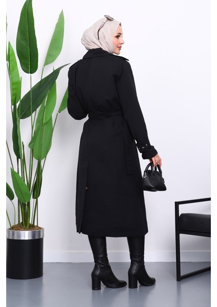 Siyah Kruvaze Yaka Astarlı Trençkot fırsatları