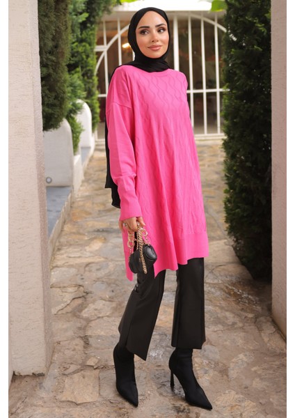 Fuşya Bisiklet Yaka Soğuk İplik Triko Tunik
