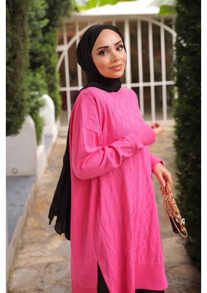 Fuşya Bisiklet Yaka Soğuk İplik Triko Tunik fiyatları