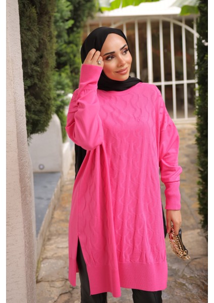 Fuşya Bisiklet Yaka Soğuk İplik Triko Tunik modelleri