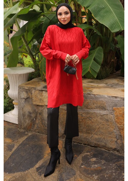Kırmızı Bisiklet Yaka Soğuk İplik Triko Tunik