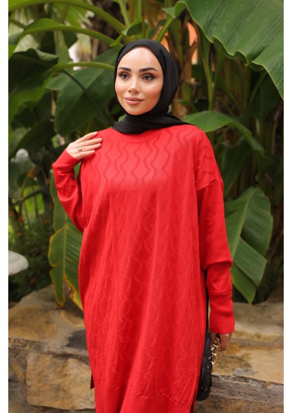 Kırmızı Bisiklet Yaka Soğuk İplik Triko Tunik fiyatları