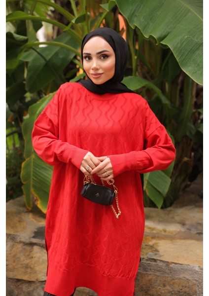 Kırmızı Bisiklet Yaka Soğuk İplik Triko Tunik modelleri