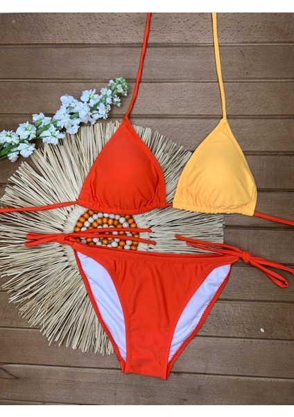 Kadın Likralı Yandan Boyundan Bağlamalı Şık Ipli Üçgen Bikini Takım