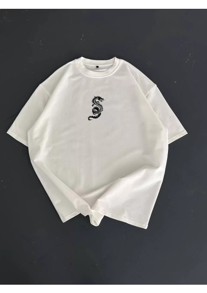 Baskılı Oversize Bisiklet Yaka T-Shirt - Beyaz