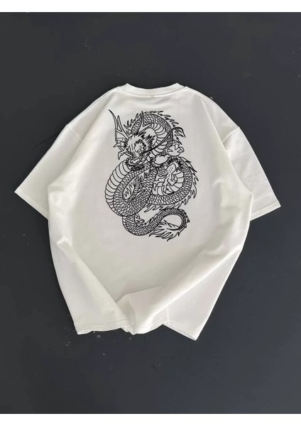 Baskılı Oversize Bisiklet Yaka T-Shirt - Beyaz modelleri