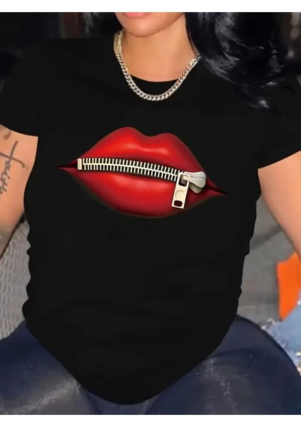 Fermuar Dudak Baskılı Tişört Bisiklet Yaka Kısa Kollu Tişört - Siyah