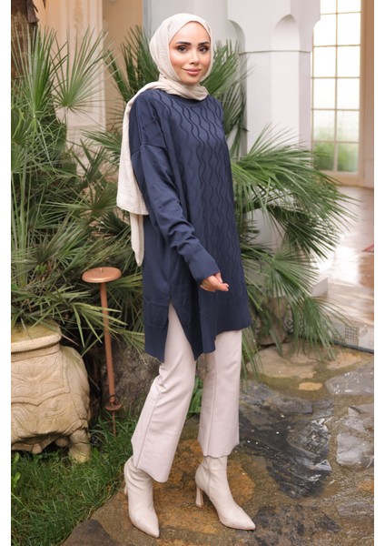 Lacivert Bisiklet Yaka Soğuk İplik Triko Tunik modelleri