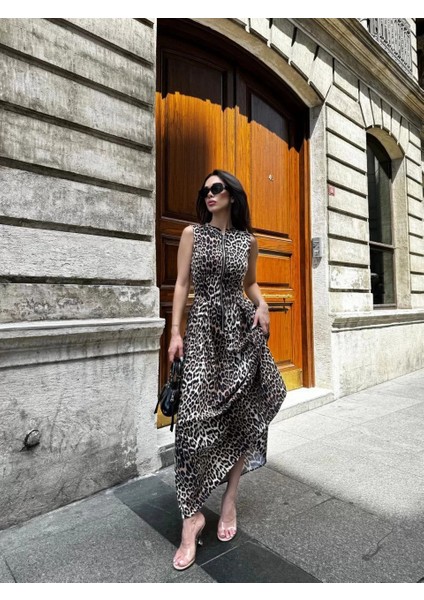 Leopar Desenli Fermuarlı Cepli Pileli Kadın Midi Elbise- Leopar fırsatları