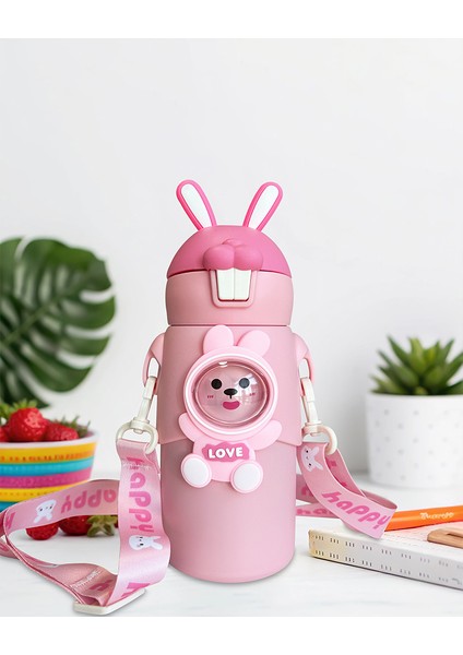 Pembe Tavşan Kulaklı Çoçuk Termosu Paslanmaz Çelik