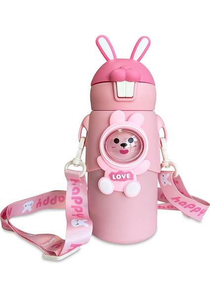 Pembe Tavşan Kulaklı Çoçuk Termosu Paslanmaz Çelik