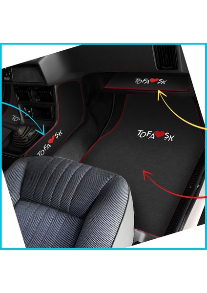 Tofaş Şahin Doğan Kartal Nakışlı Siyah Oto Paspas & Vites Konsol Halısı & Torpido Alt Sehpa Örtüsü