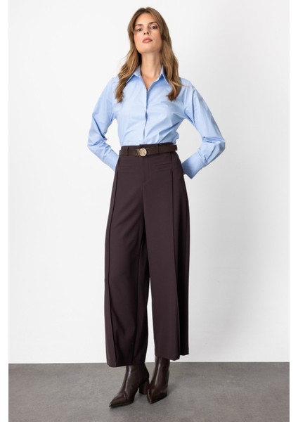 Kadın Beli Kemerli Bol Paça Pantolon 64133 Kahverengi