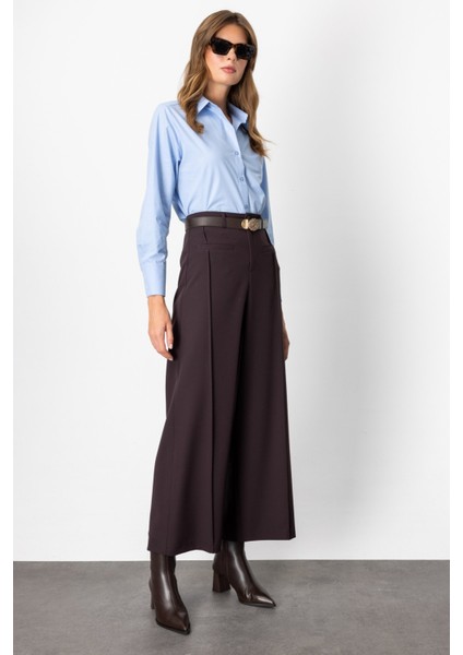 Kadın Beli Kemerli Bol Paça Pantolon 64133 Kahverengi fiyatları
