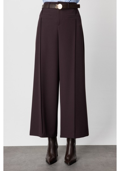 Kadın Beli Kemerli Bol Paça Pantolon 64133 Kahverengi modelleri