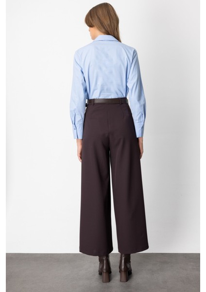 Kadın Beli Kemerli Bol Paça Pantolon 64133 Kahverengi indirimleri