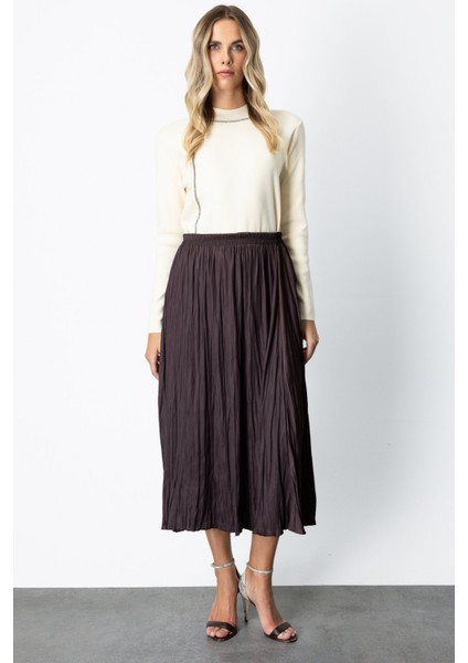 Kadın Kırışık Görünümlü Midi Etek 64209 Kahverengi