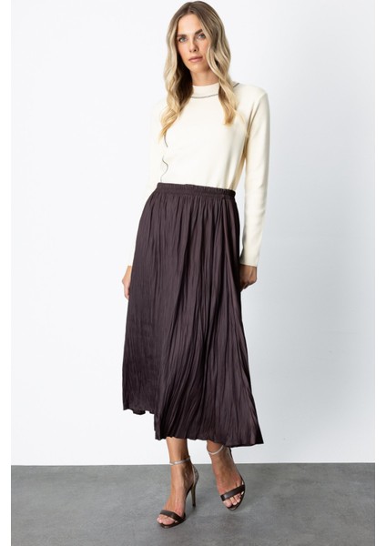 Kadın Kırışık Görünümlü Midi Etek 64209 Kahverengi fiyatları