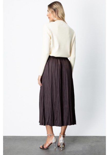Kadın Kırışık Görünümlü Midi Etek 64209 Kahverengi fırsatları
