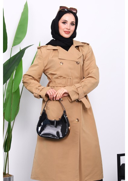 Camel Kruvaze Yaka Astarlı Trençkot modelleri