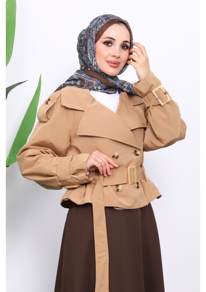 Camel Kruvaze Yaka Kemerli Kısa Trençkot