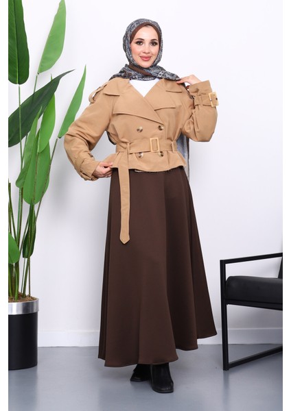 Camel Kruvaze Yaka Kemerli Kısa Trençkot fiyatları