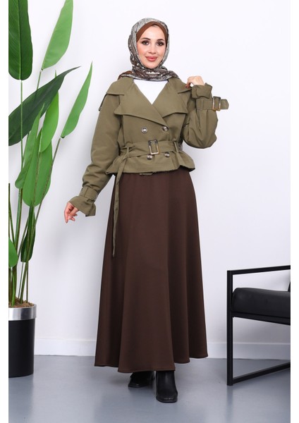 Haki Kruvaze Yaka Kemerli Kısa Trençkot fiyatları