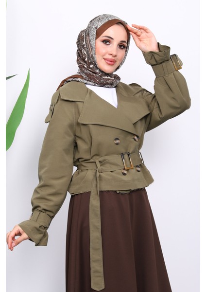 Haki Kruvaze Yaka Kemerli Kısa Trençkot modelleri