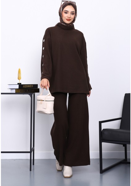 Kahverengi Kol Düğme Detaylı Tunik Pantolonlu Takım