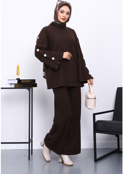 Kahverengi Kol Düğme Detaylı Tunik Pantolonlu Takım fiyatları