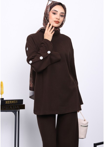 Kahverengi Kol Düğme Detaylı Tunik Pantolonlu Takım modelleri