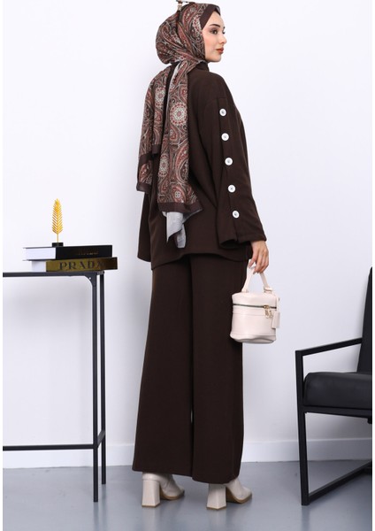 Kahverengi Kol Düğme Detaylı Tunik Pantolonlu Takım fırsatları