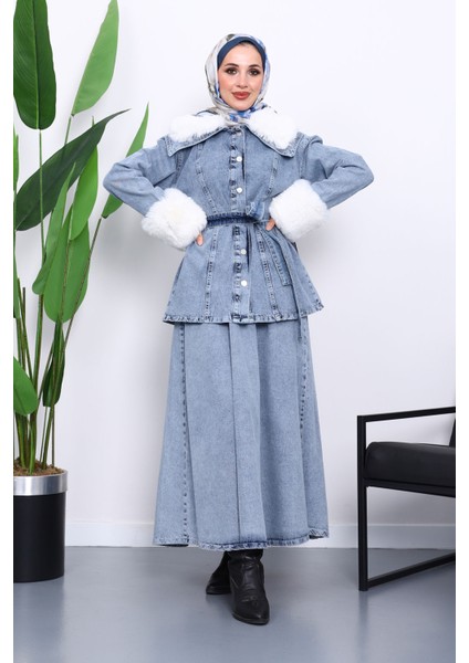 Mavi Kol Yaka Kürklü Kot Ceket Etek Takım
