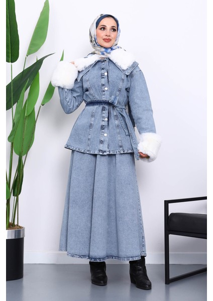 Mavi Kol Yaka Kürklü Kot Ceket Etek Takım fiyatları