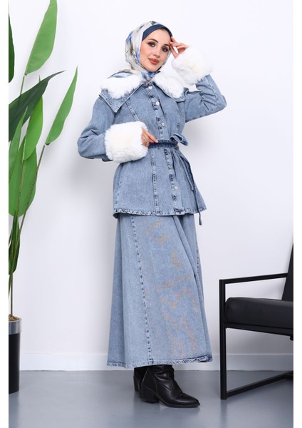 Mavi Kol Yaka Kürklü Kot Ceket Etek Takım modelleri