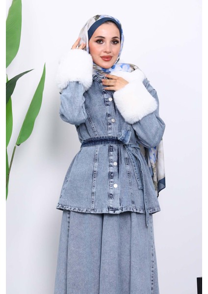Mavi Kol Yaka Kürklü Kot Ceket Etek Takım fırsatları
