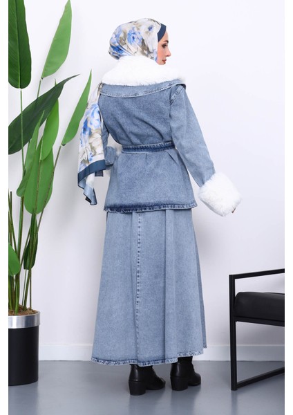 Mavi Kol Yaka Kürklü Kot Ceket Etek Takım indirimleri