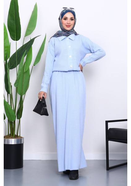 Bebe Mavi Gömlek Yaka Düğmeli Triko Etekli Takım fiyatları