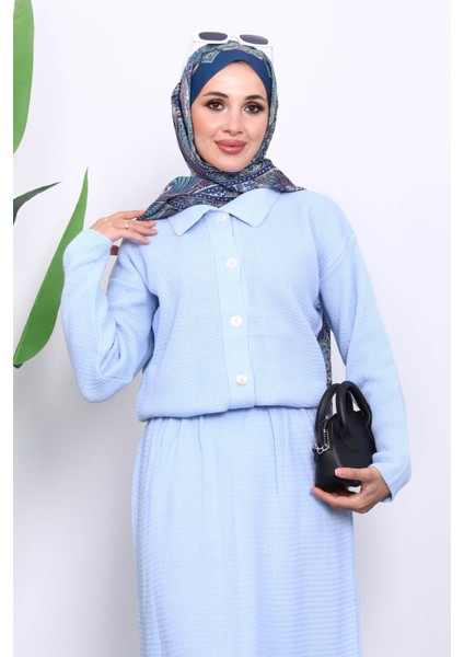 Bebe Mavi Gömlek Yaka Düğmeli Triko Etekli Takım modelleri